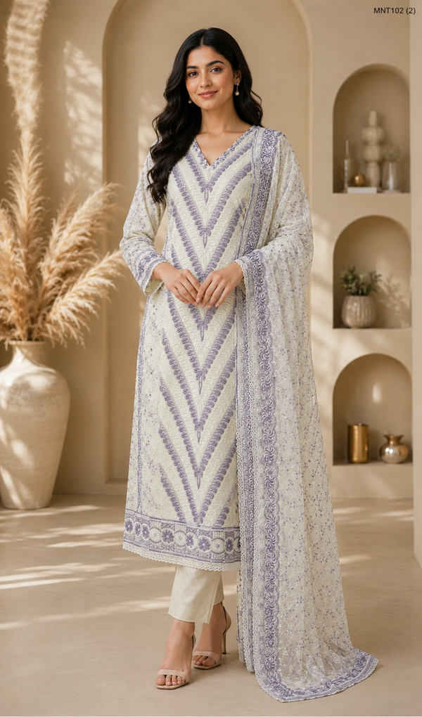 Georgette Party Wear Suit Set – Peach Chevron Embroidered Kurta with Dupatta (MNT102)
