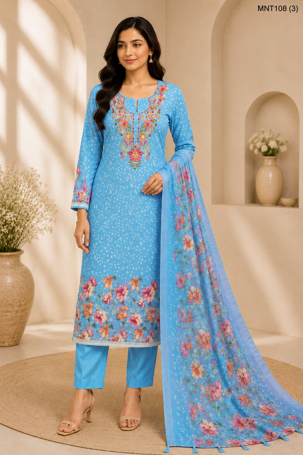 Pastel Embroidered Lawn Suit – Unstitched 3-Piece with Printed Dupatta