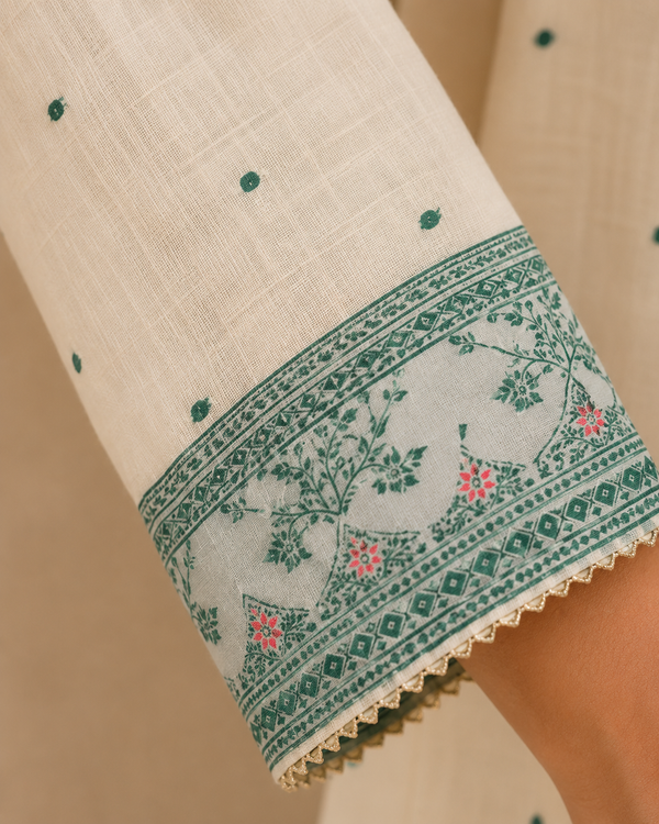 Premium White Jamdani Suit Set with Green Printed Dupatta for Women