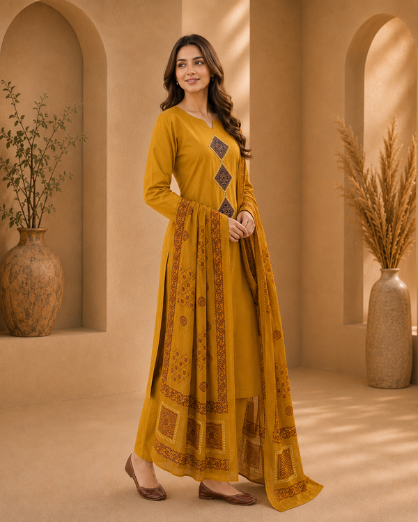 Dhabu Cotton Suit Set with Dupatta