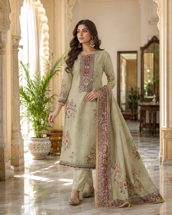 Assam Silk Unstitched Suit with Printed Dupatta