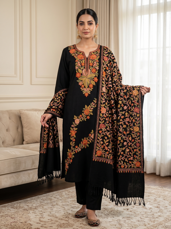 Rani Pink Kashmiri Embroidered Woolen Suit with Shawl – Winter 3-Piece – 4 Colors