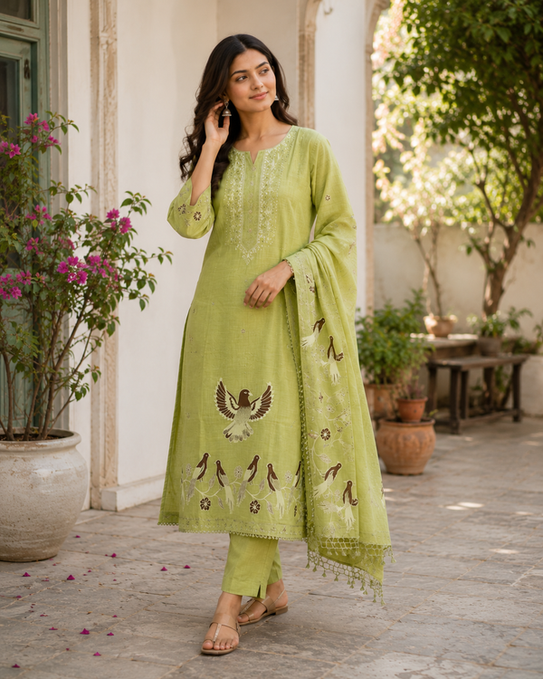 Unstitched Jamdani Cotton Suit with Bird Dupatta