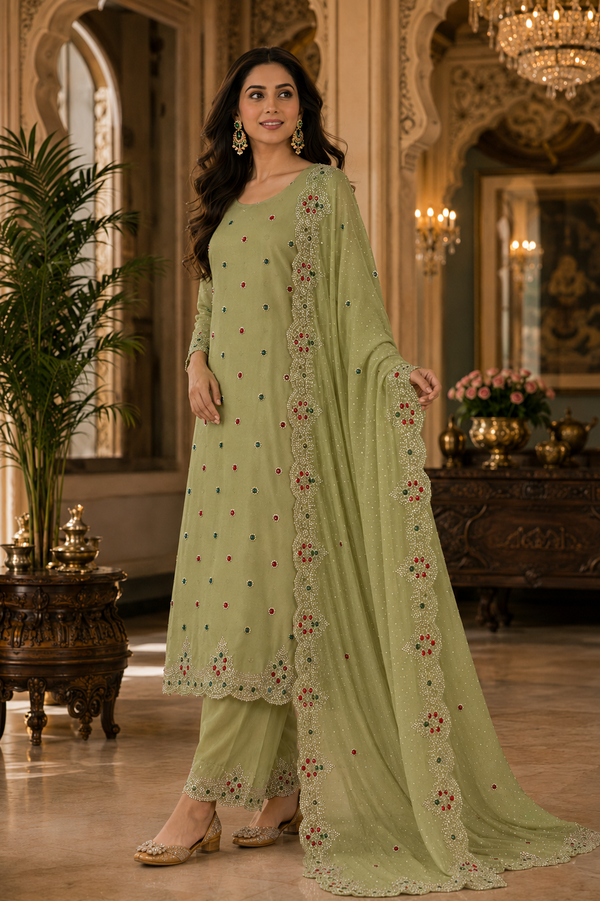 Unstitched Fancy Suit with Kundan Work