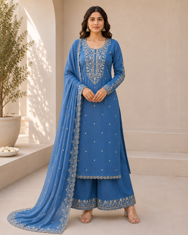 Unstitched Mall to Rayon Embroidered Suit Set with Pant & Dupatta – 3 Piece