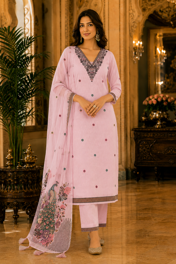 Jamdani Unstitched Cotton Suit with Printed Dupatta