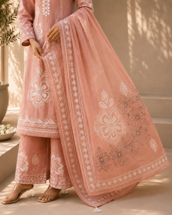 Women's Unstitched Jamdani Suit Set with Embroidered Kurta, Pant & Dupatta – 3 Piece Ethnic Wear
