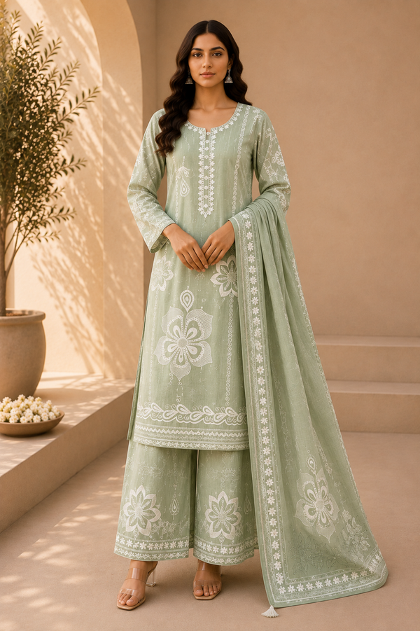 Women's Unstitched Jamdani Suit Set with Embroidered Kurta, Pant & Dupatta – 3 Piece Ethnic Wear