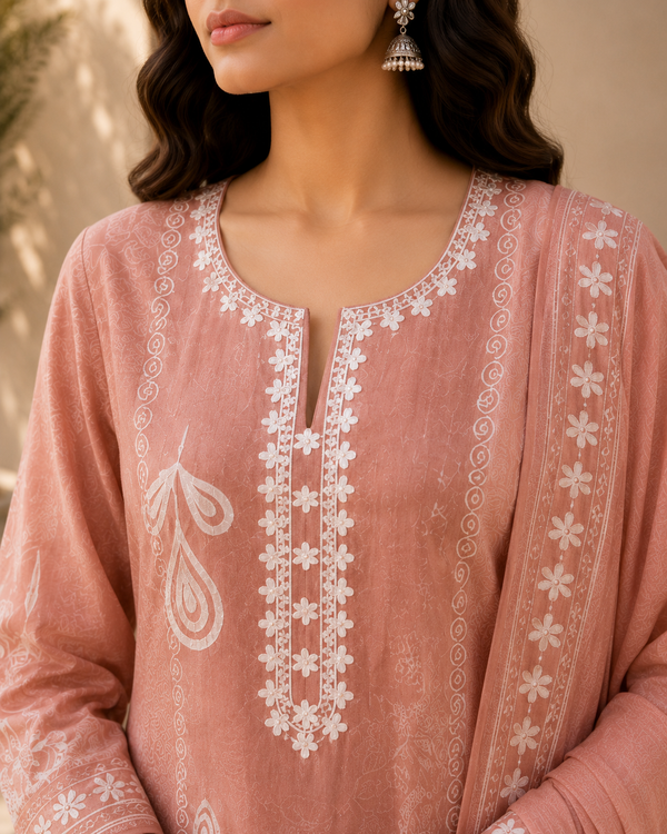 Women's Unstitched Jamdani Suit Set with Embroidered Kurta, Pant & Dupatta – 3 Piece Ethnic Wear