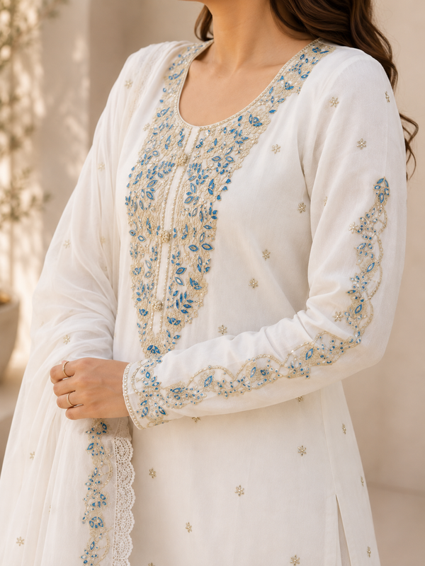 Unstitched Mall to Rayon Embroidered Suit Set with Pant & Dupatta – 3 Piece