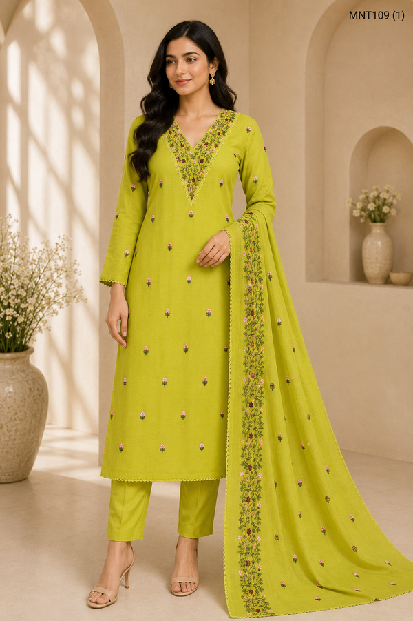 Women's Embroidered Cotton Kurta Set with Pant & Dupatta – 3 Piece Straight Suit