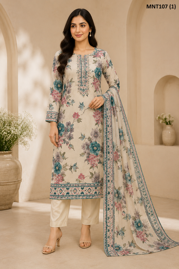 Unstitched Printed Lawn 3-Piece Suit with Dupatta – Floral Collection