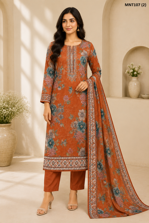 Unstitched Printed Lawn 3-Piece Suit with Dupatta – Floral Collection