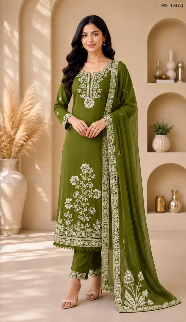Women's Embroidered Straight Kurta Set with Pant & Dupatta – 3 Piece Festive Suit