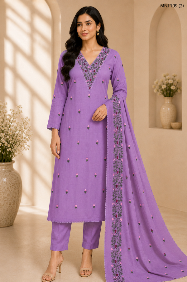 Women's Embroidered Cotton Kurta Set with Pant & Dupatta – 3 Piece Straight Suit