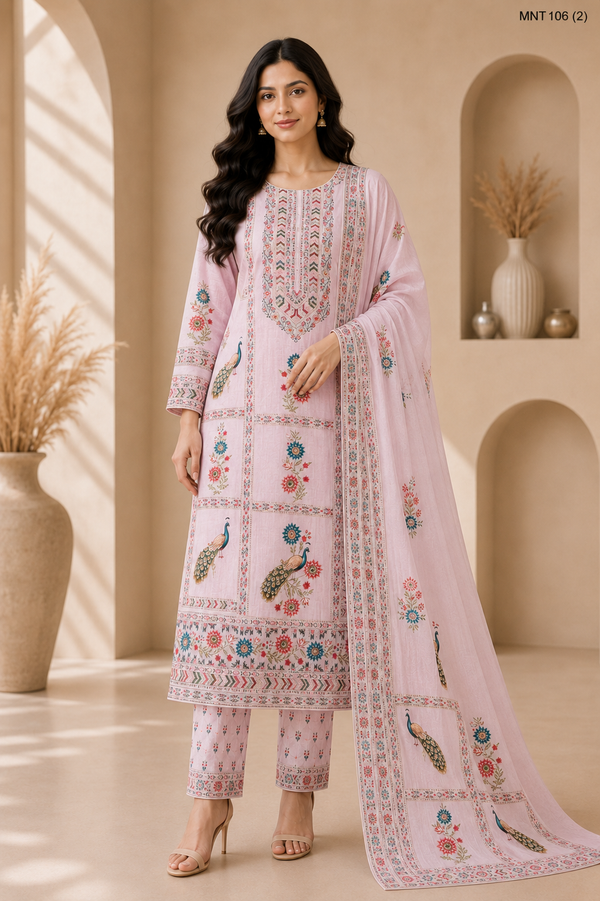 Ivory Embroidered Lawn 3-Piece Suit with Tea Pink Printed Dupatta – Unstitched