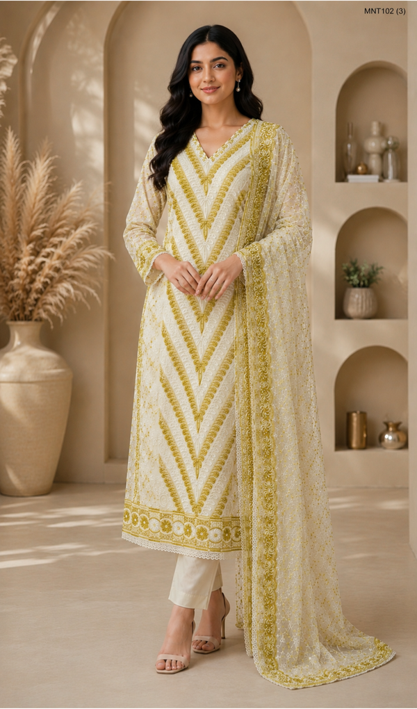 Georgette Party Wear Suit Set – Peach Chevron Embroidered Kurta with Dupatta (MNT102)