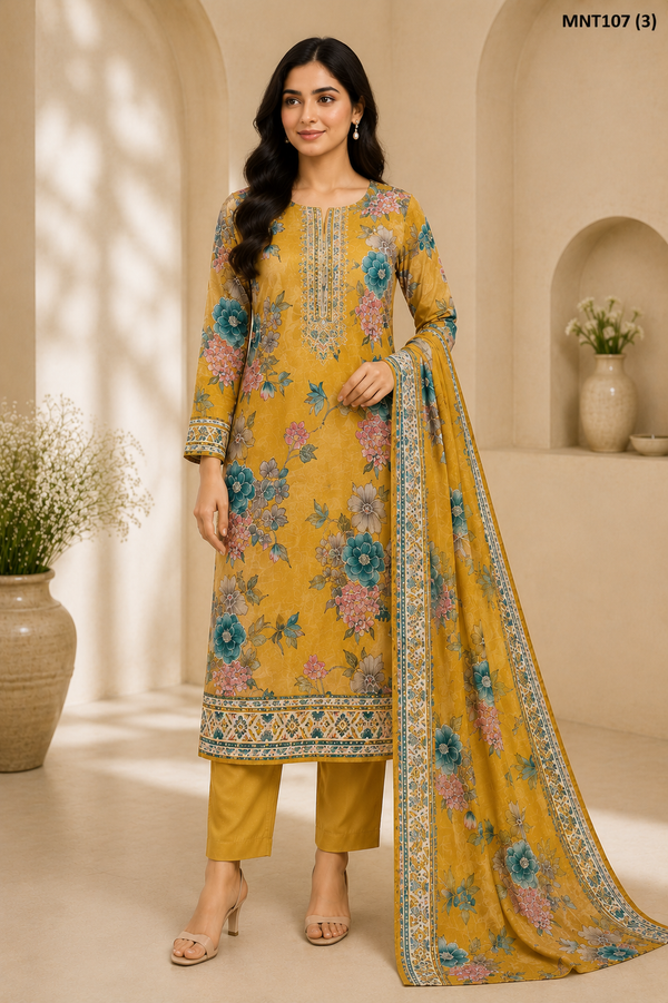Unstitched Printed Lawn 3-Piece Suit with Dupatta – Floral Collection