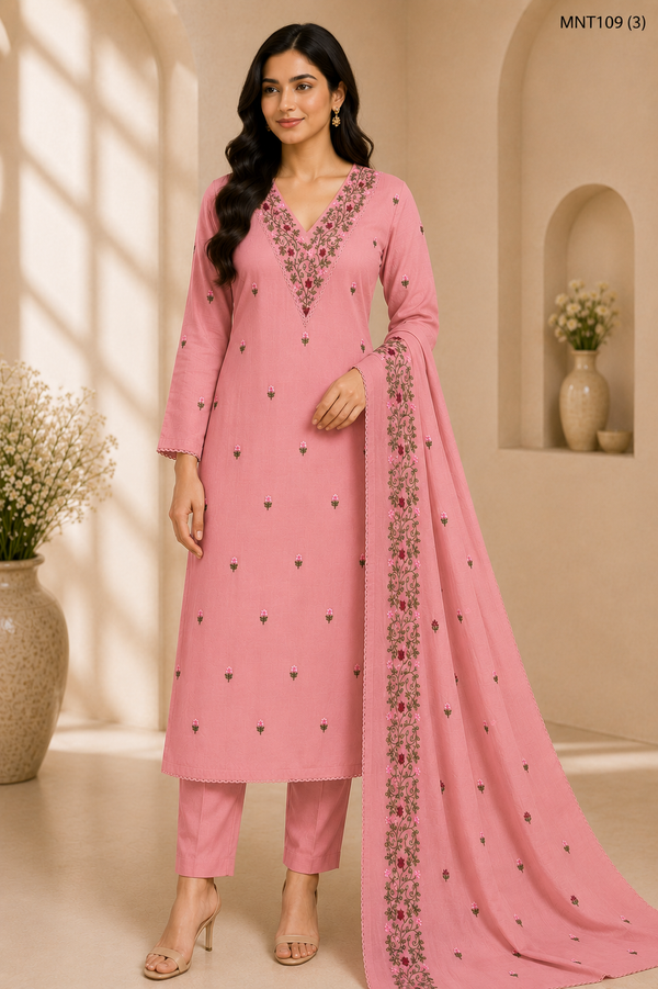 Women's Embroidered Cotton Kurta Set with Pant & Dupatta – 3 Piece Straight Suit