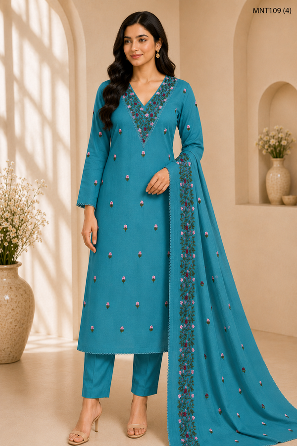 Women's Embroidered Cotton Kurta Set with Pant & Dupatta – 3 Piece Straight Suit