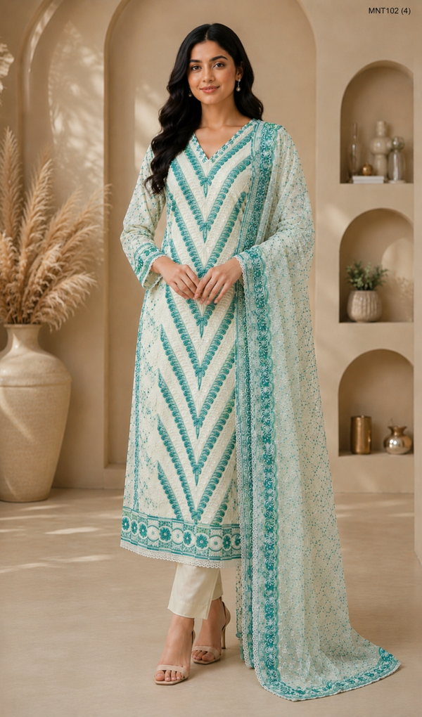 Georgette Party Wear Suit Set – Peach Chevron Embroidered Kurta with Dupatta (MNT102)