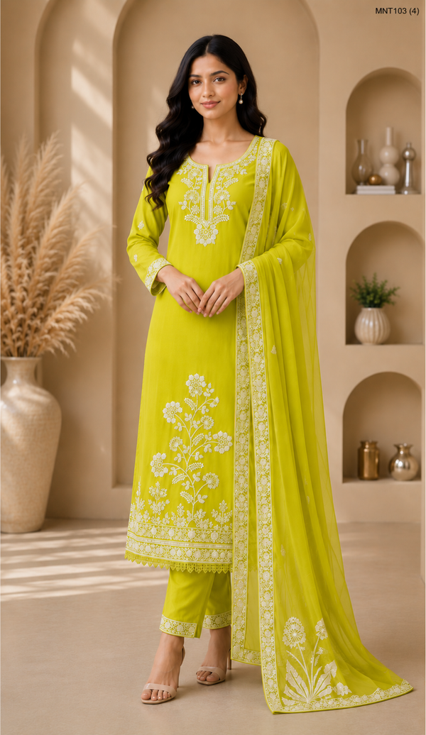 Women's Embroidered Straight Kurta Set with Pant & Dupatta – 3 Piece Festive Suit