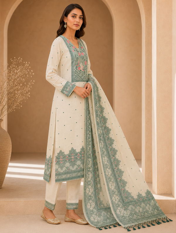 Premium White Jamdani Suit Set with Green Printed Dupatta for Women