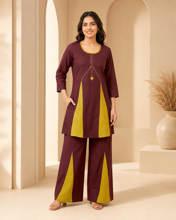 Readymade Maroon & Mustard Cotton Co-Ord Set for Women with Pocket Palazzo | Premium Designer Wear