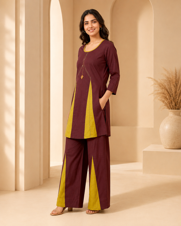 Readymade Maroon & Mustard Cotton Co-Ord Set for Women with Pocket Palazzo | Premium Designer Wear
