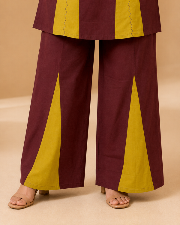 Readymade Maroon & Mustard Cotton Co-Ord Set for Women with Pocket Palazzo | Premium Designer Wear