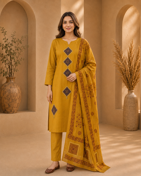 Dhabu Cotton Suit Set with Dupatta