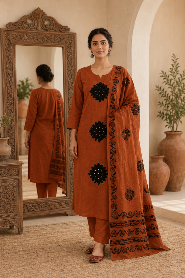 Dhabu Cotton Suit Set with Dupatta