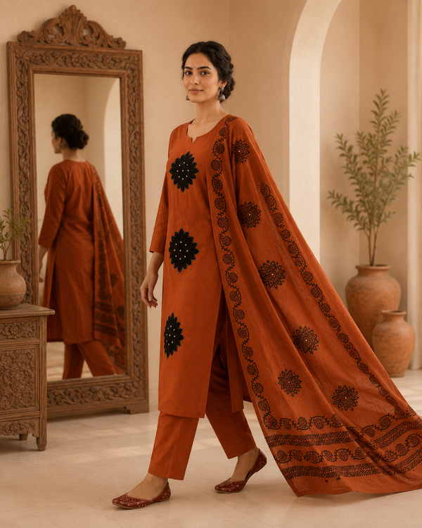 Dhabu Cotton Suit Set with Dupatta