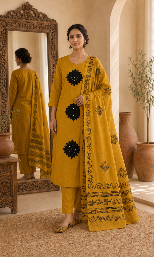 Dhabu Cotton Suit Set with Dupatta