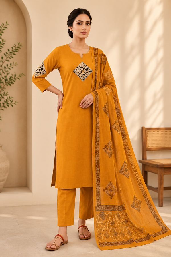 Dhabu Cotton Suit Set with Dupatta