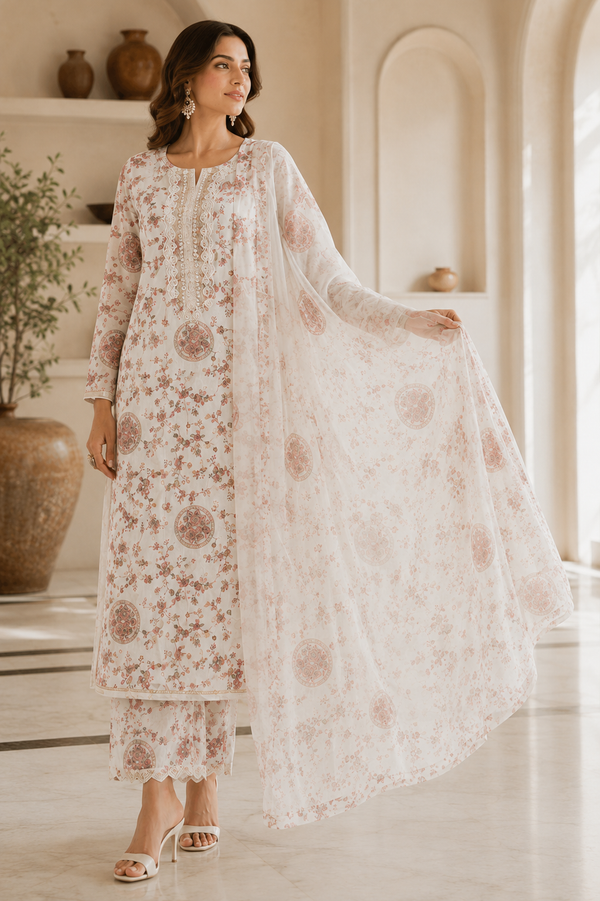Mul Cotton Unstitched Suit with Printed Dupatta