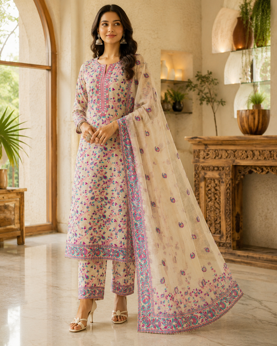 Ivory Jamdani Mul Cotton Unstitched Suit