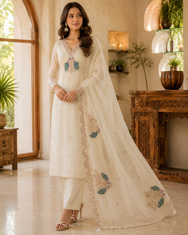 Ivory Crunchy Silk Unstitched Suit with Peacock Dupatta