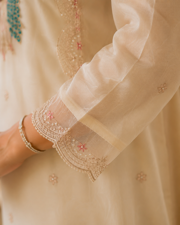 Ivory Crunchy Silk Unstitched Suit with Peacock Dupatta