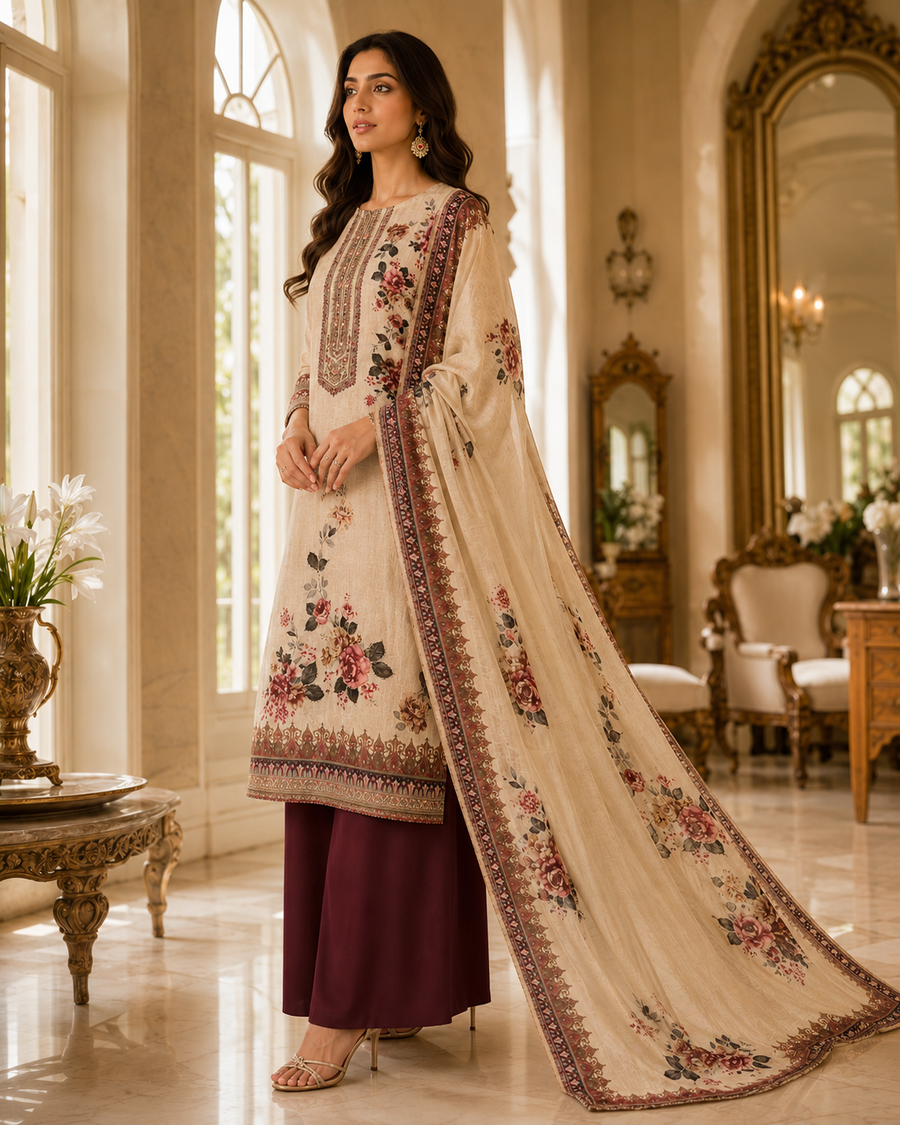 Assam Silk Unstitched Suit with Printed Dupatta