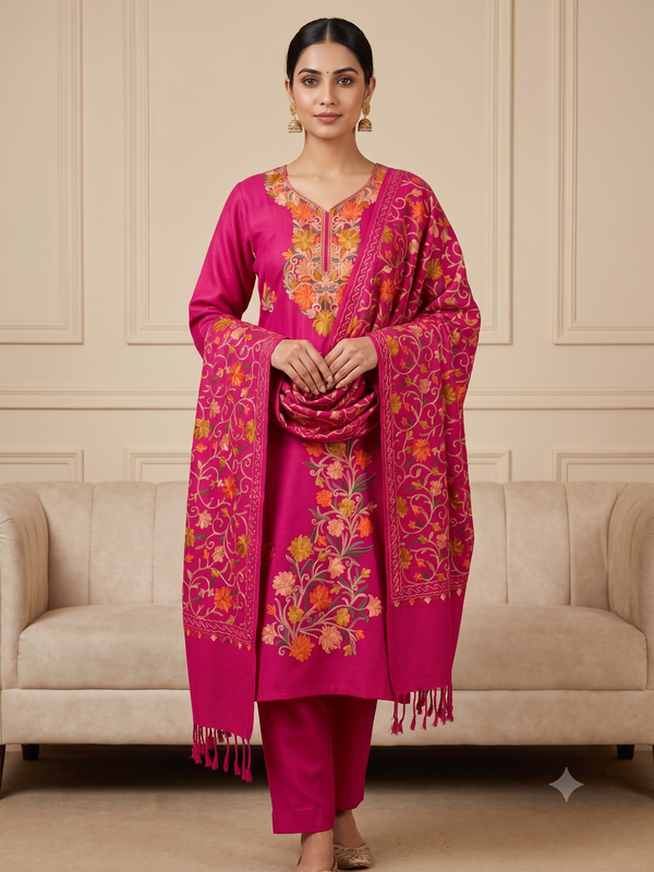 Rani Pink Kashmiri Embroidered Woolen Suit with Shawl – Winter 3-Piece – 4 Colors