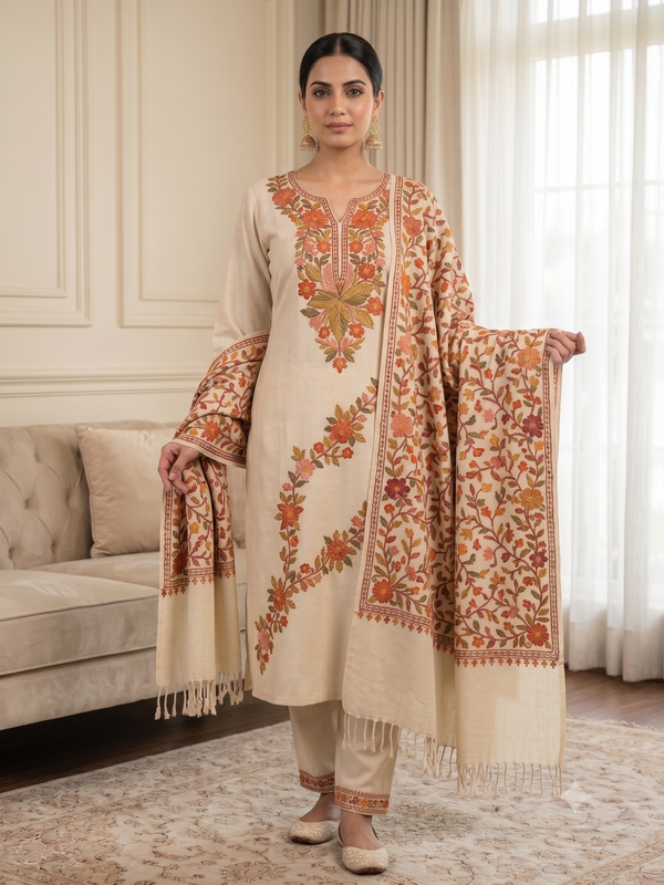 Rani Pink Kashmiri Embroidered Woolen Suit with Shawl – Winter 3-Piece – 4 Colors