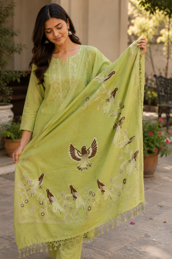 Unstitched Jamdani Cotton Suit with Bird Dupatta