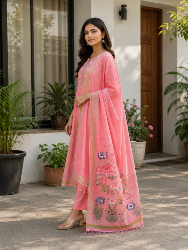Jaamdani Unstitched Suit with Flamingo Dupatta