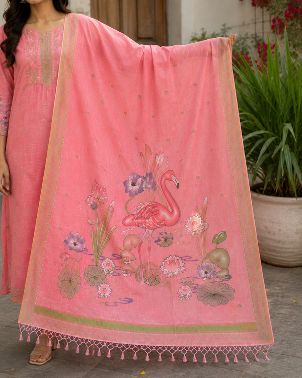 Jaamdani Unstitched Suit with Flamingo Dupatta