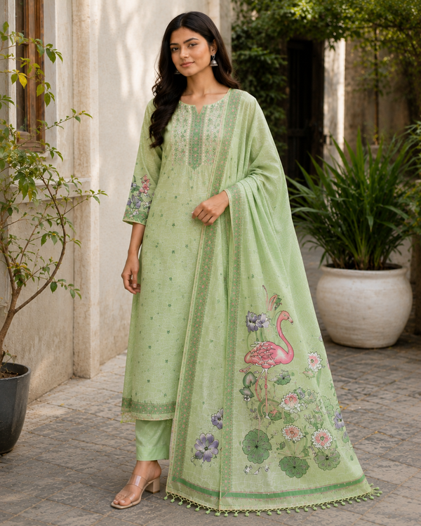 Jaamdani Unstitched Suit with Flamingo Dupatta