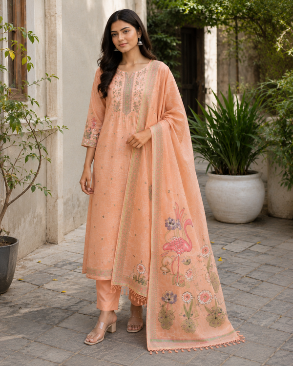 Jaamdani Unstitched Suit with Flamingo Dupatta