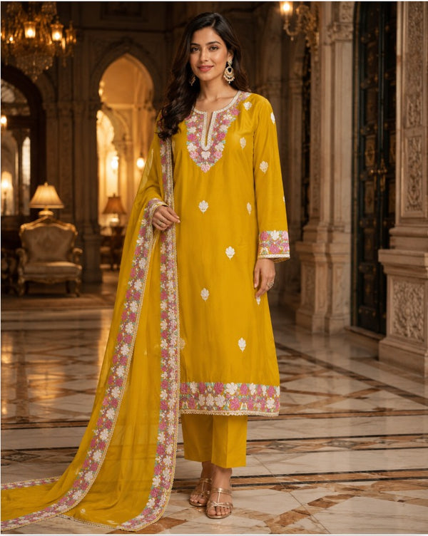 Mal Chandari Unstitched Suit with Organza Dupatta