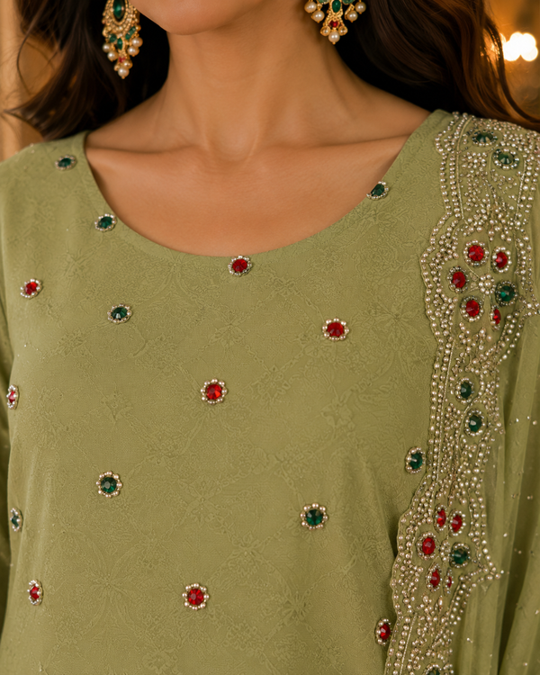 Unstitched Fancy Suit with Kundan Work
