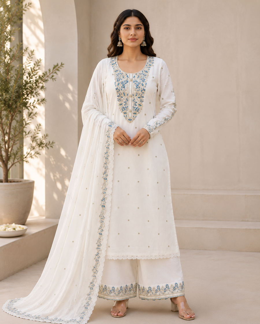 Unstitched Mall to Rayon Embroidered Suit Set with Pant & Dupatta – 3 Piece
